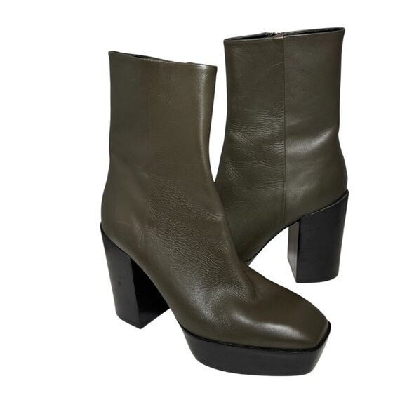 Aeyde Berlin Square Toe High Heel Platform Booties Women's 40/9 Olive NEW - Picture 3 of 7